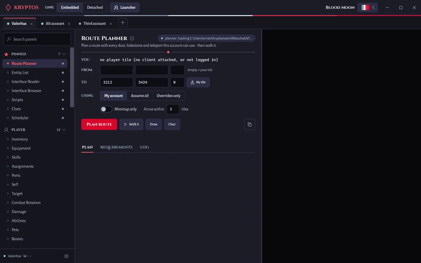 The Kryptos window: one tab per running client, a grouped sidebar of panels, the Route Planner panel open, and the game embedded on the right.