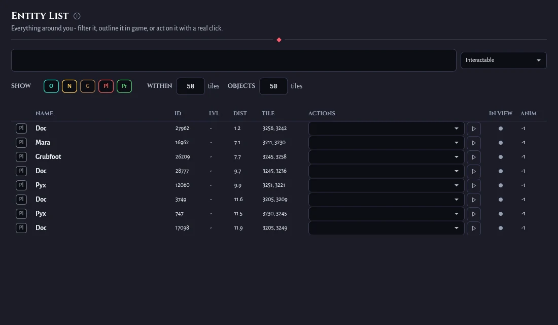 Entity List panel with nearby players and their distances and tiles