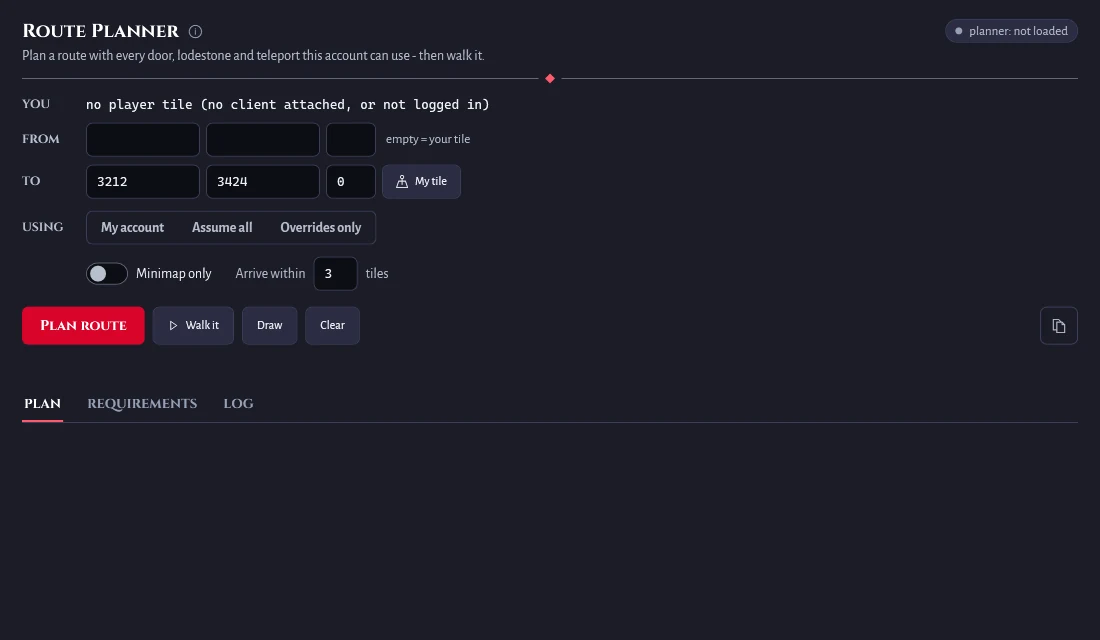 Route Planner panel with from and to tiles and a plan button