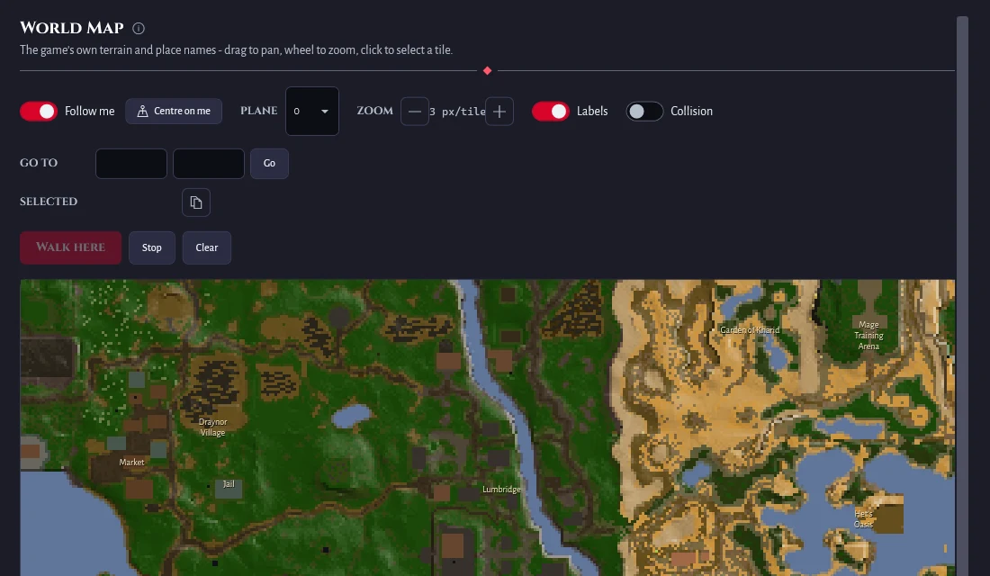 World Map panel showing Lumbridge, Draynor and Al Kharid drawn from the game's own terrain data